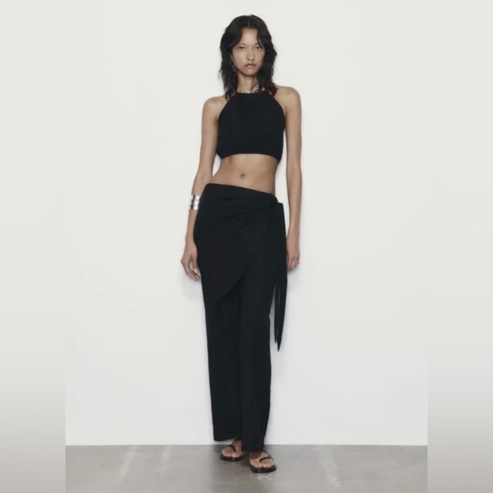 ZARA NWT Black Wrap Wide Leg Pants Trousers Elastic Waist Size Small pockets